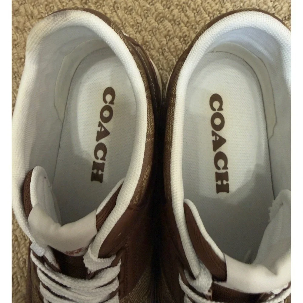 Coach Mens Signature Monogram Leather Low Top Sneakers Brown White Size 11